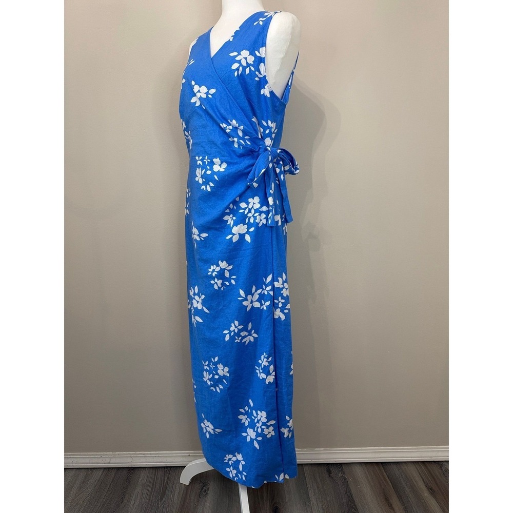 Ann Taylor Maritime Blue White Floral Linen Blend Wrap Maxi Dress Size 12/L - Picture 4 of 11